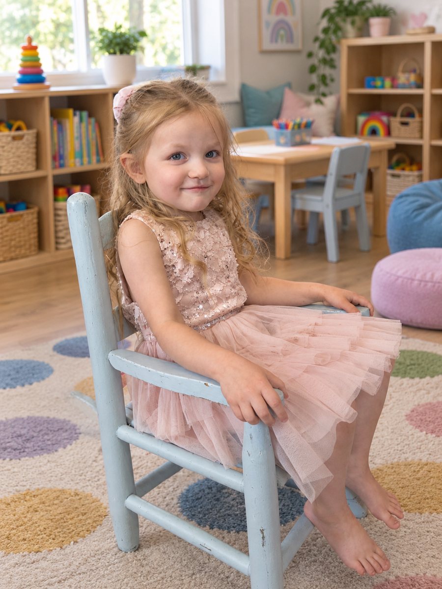 A smiling child sitting in a small chair