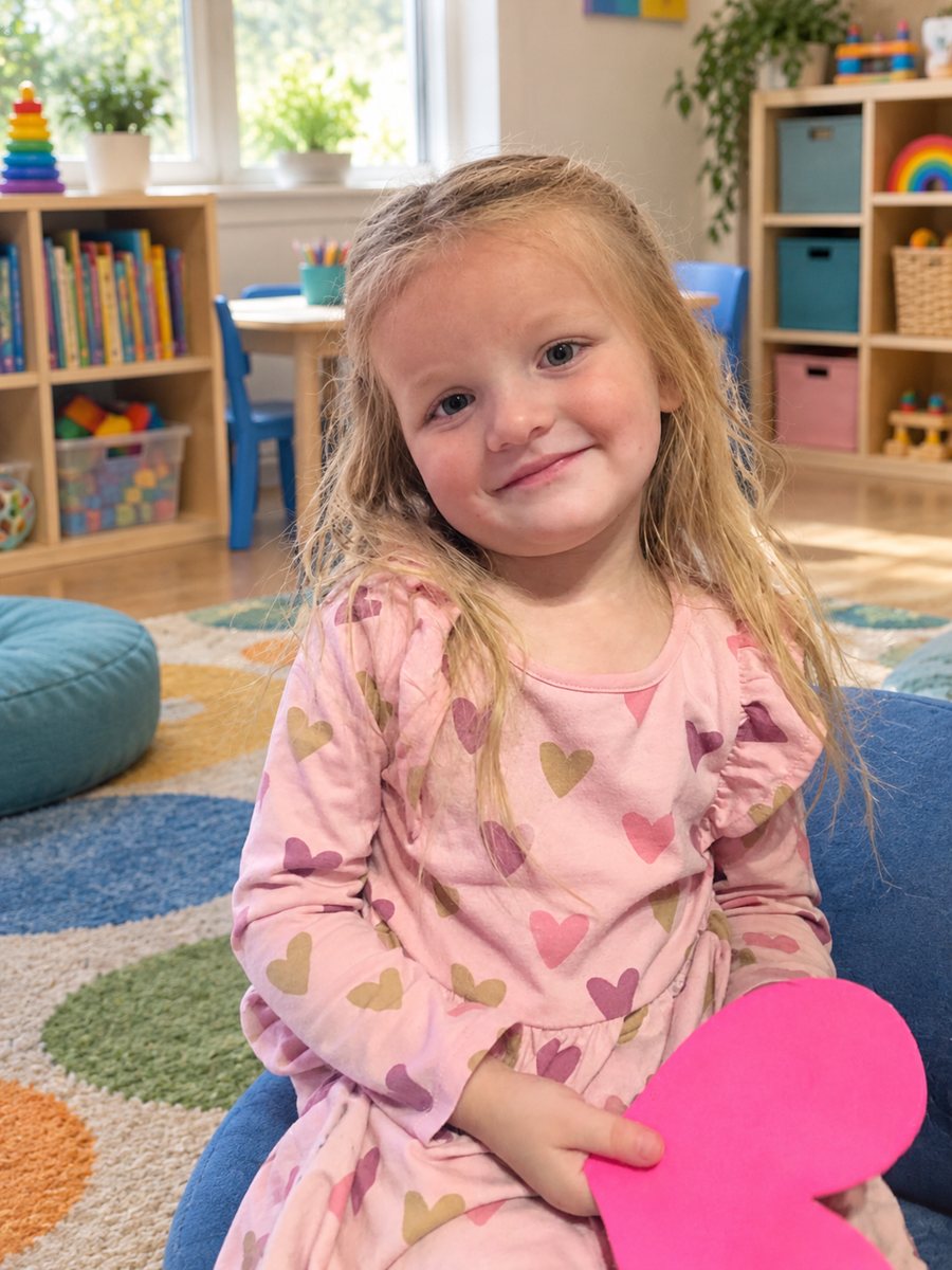 A smiling child holding a paper heart
